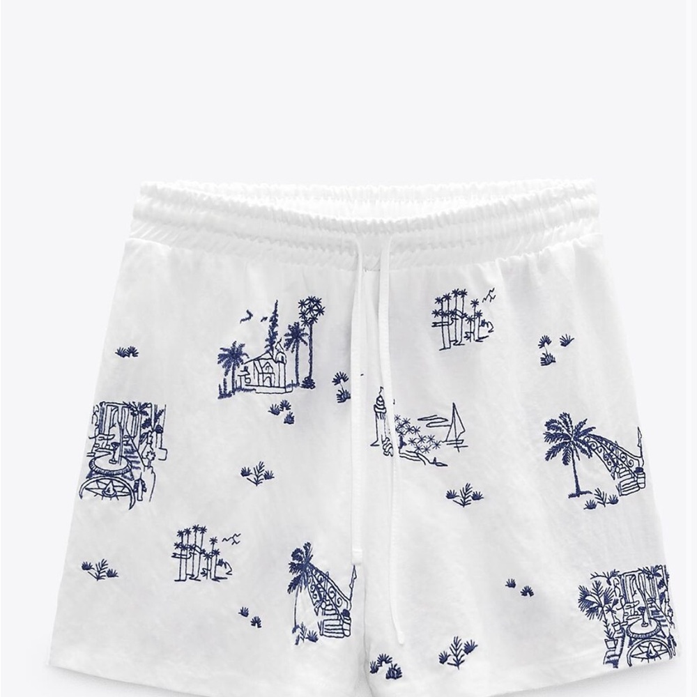 ZARA White Shorts with Blue Tropical Print